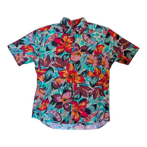 VTG Lands End‎ Short Sleeve Button Down Shirt Sz 8 Floral Paisley 70's Art Deco